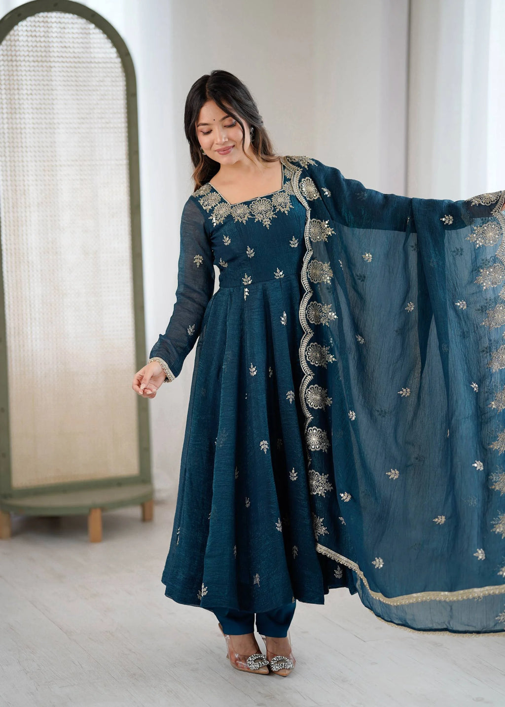 Royal Crunchy Silk Embroidered Long Gown Set with Bottom