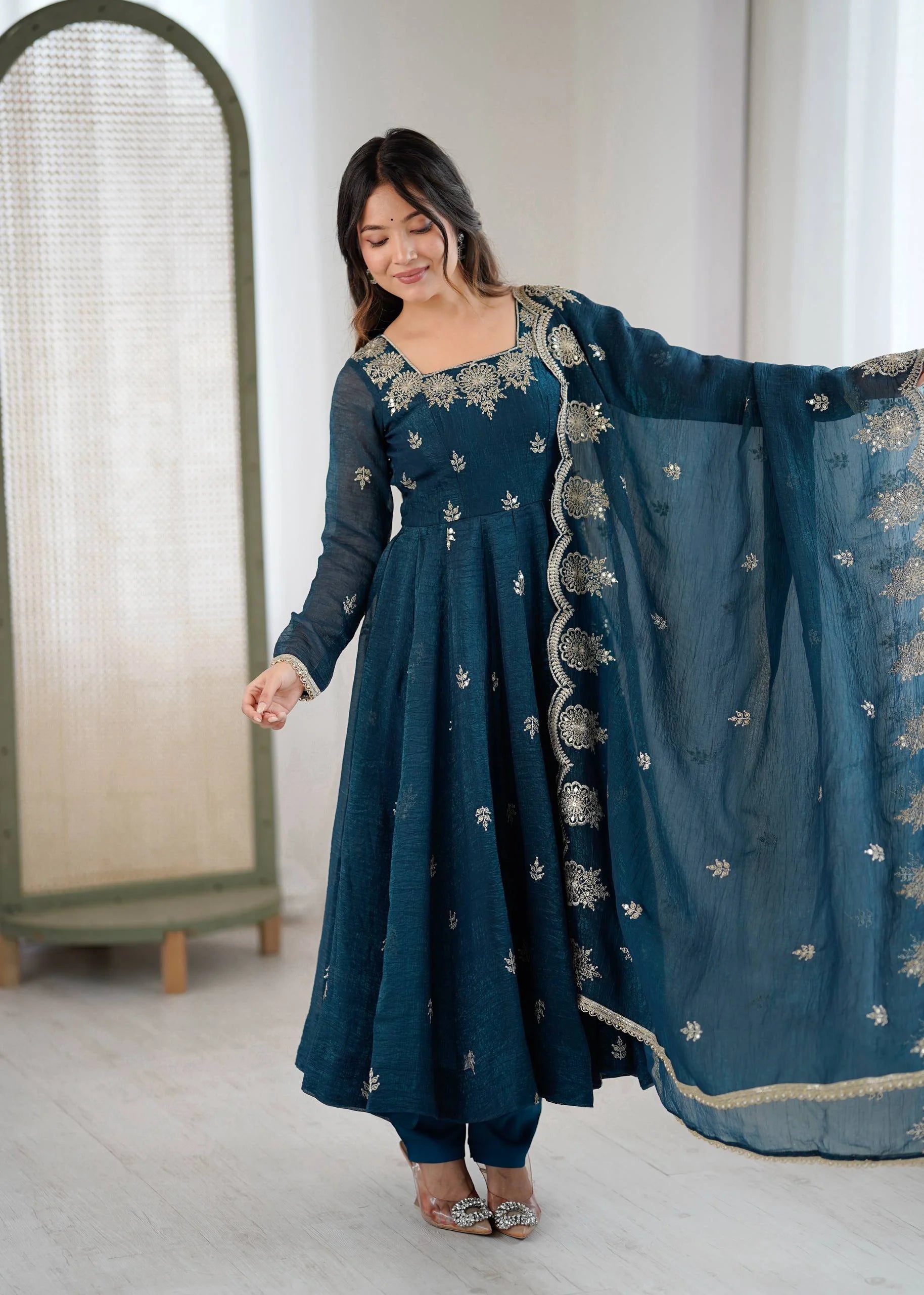 Royal Crunchy Silk Embroidered Long Gown Set with Bottom