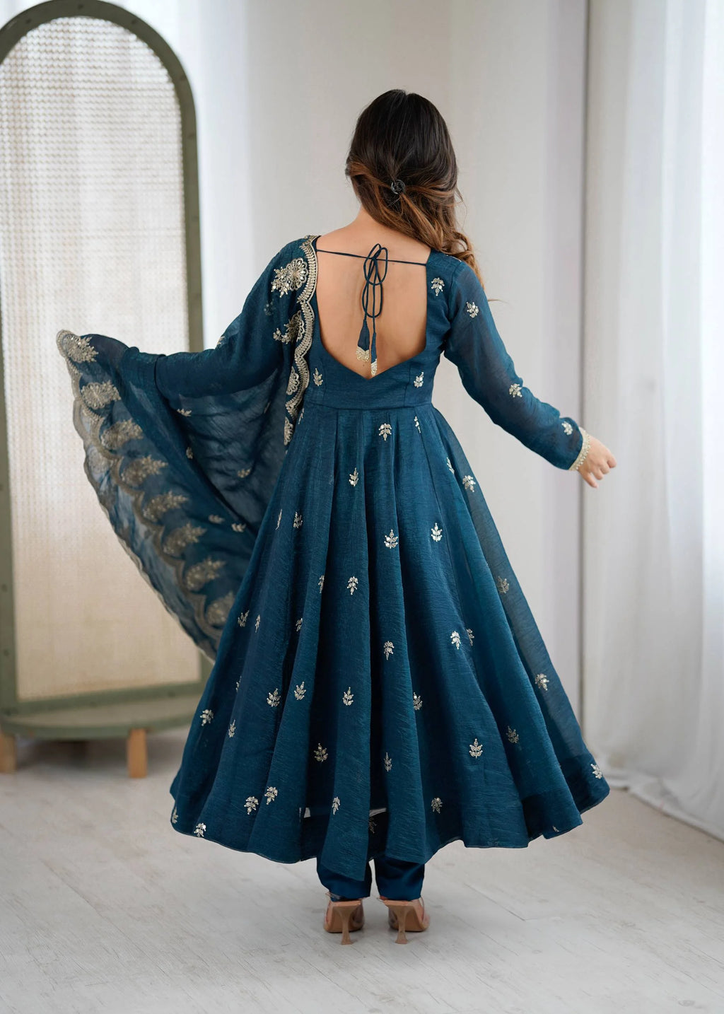Royal Crunchy Silk Embroidered Long Gown Set with Bottom