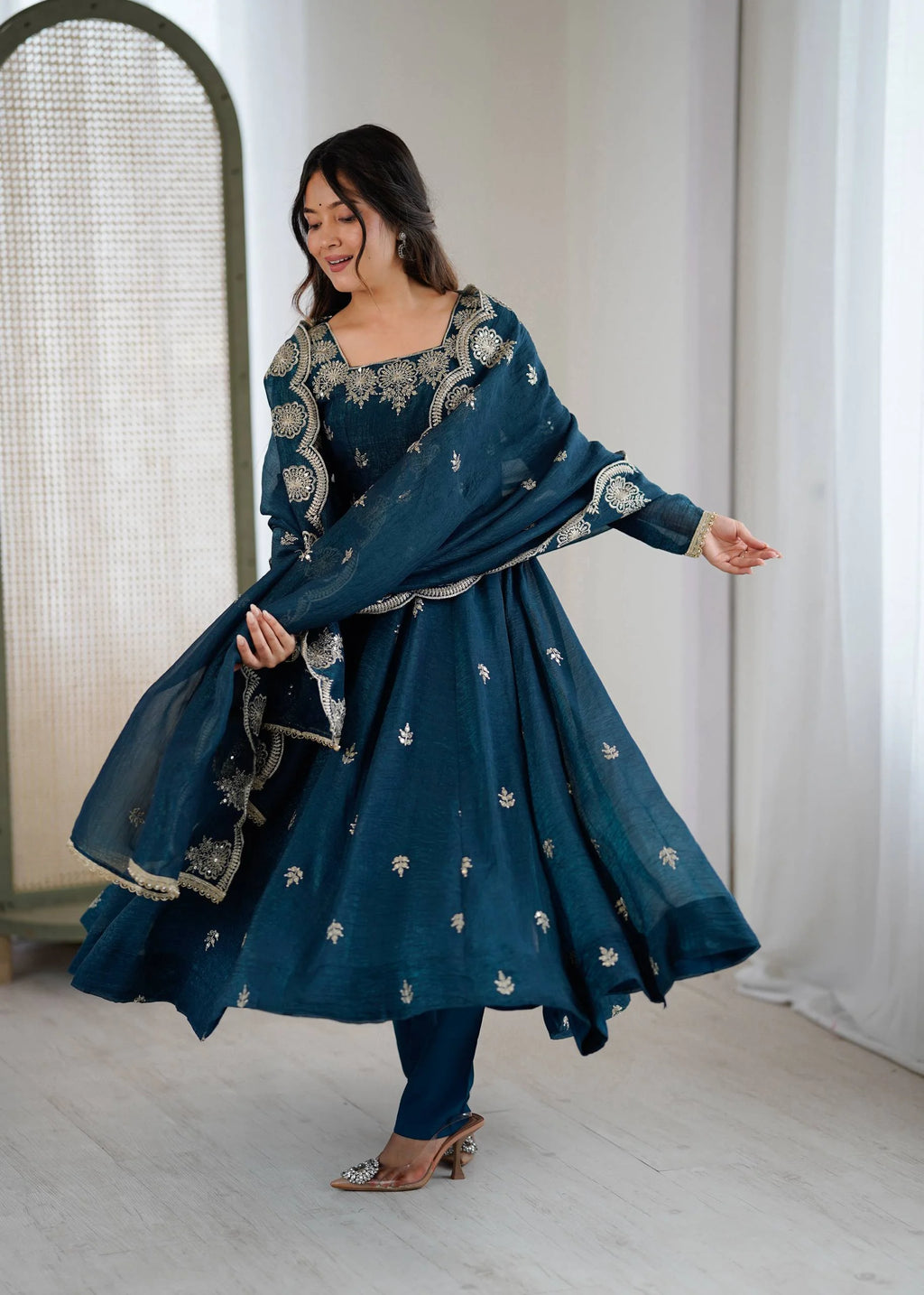 Royal Crunchy Silk Embroidered Long Gown Set with Bottom