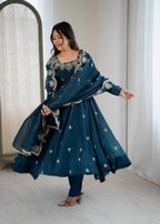 Royal Crunchy Silk Embroidered Long Gown Set with Bottom