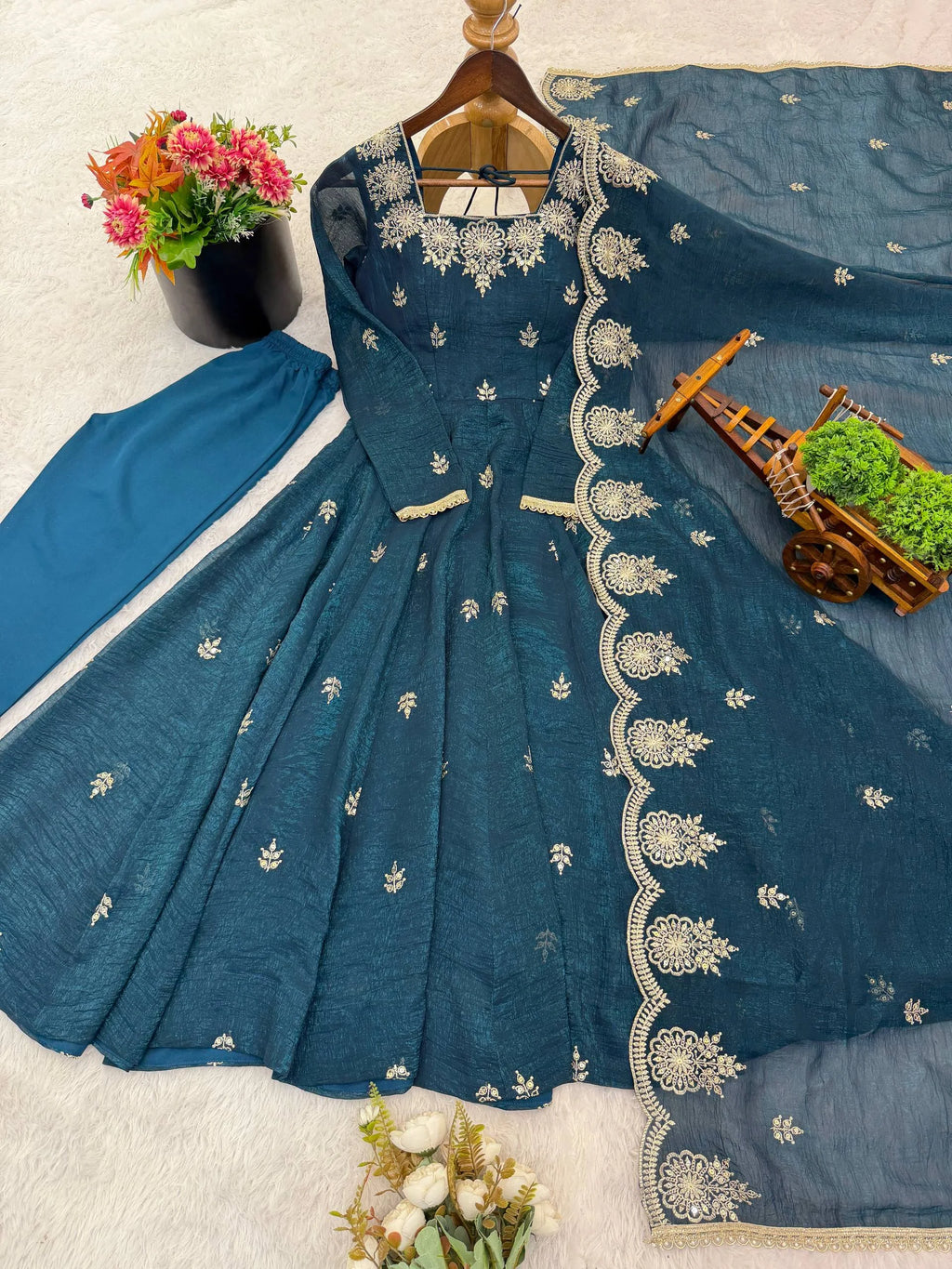 Royal Crunchy Silk Embroidered Long Gown Set with Bottom