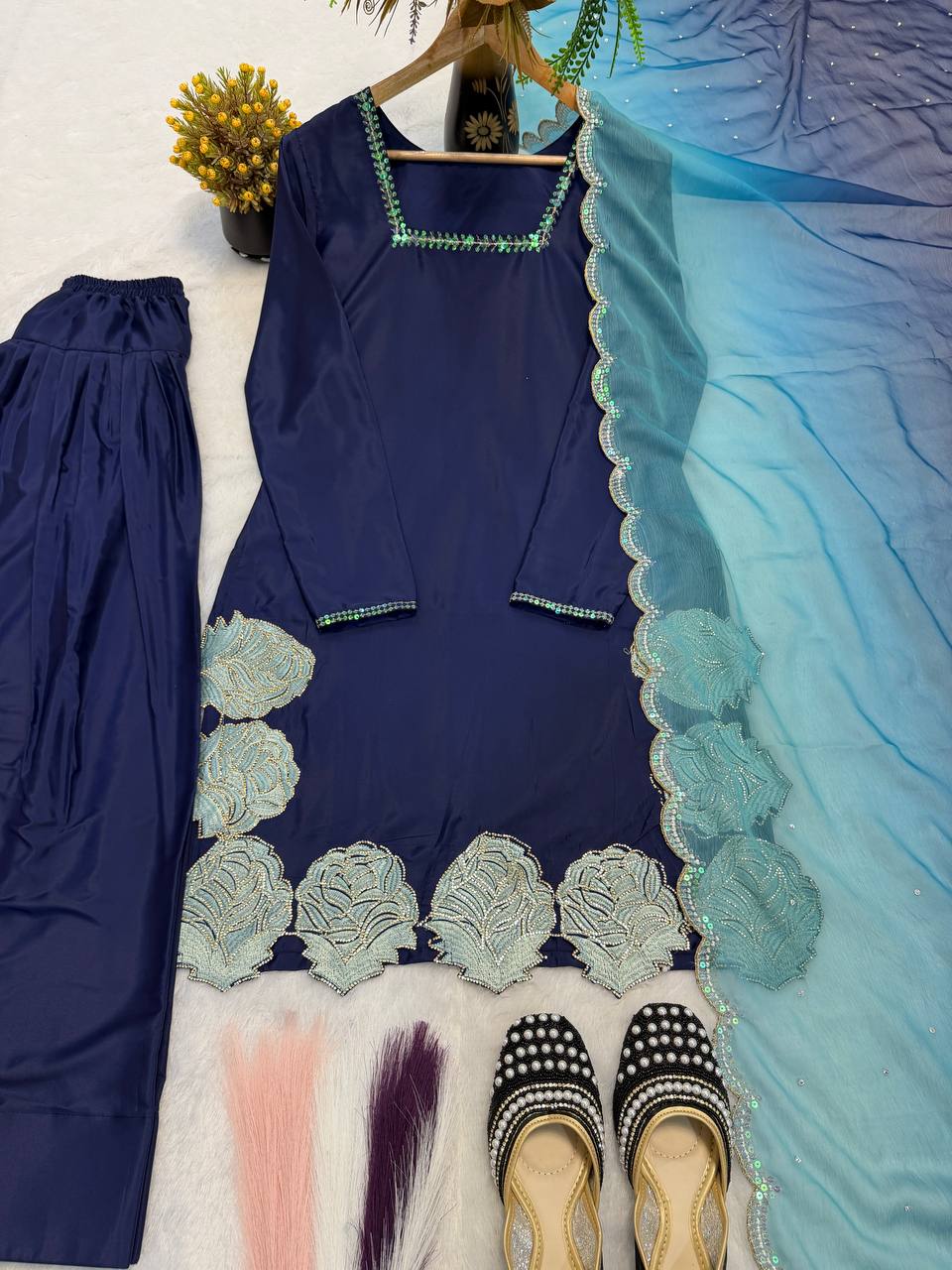 Elegant Royal Blue Traditional Kurta Farshi Salwar with Dupatta for Women