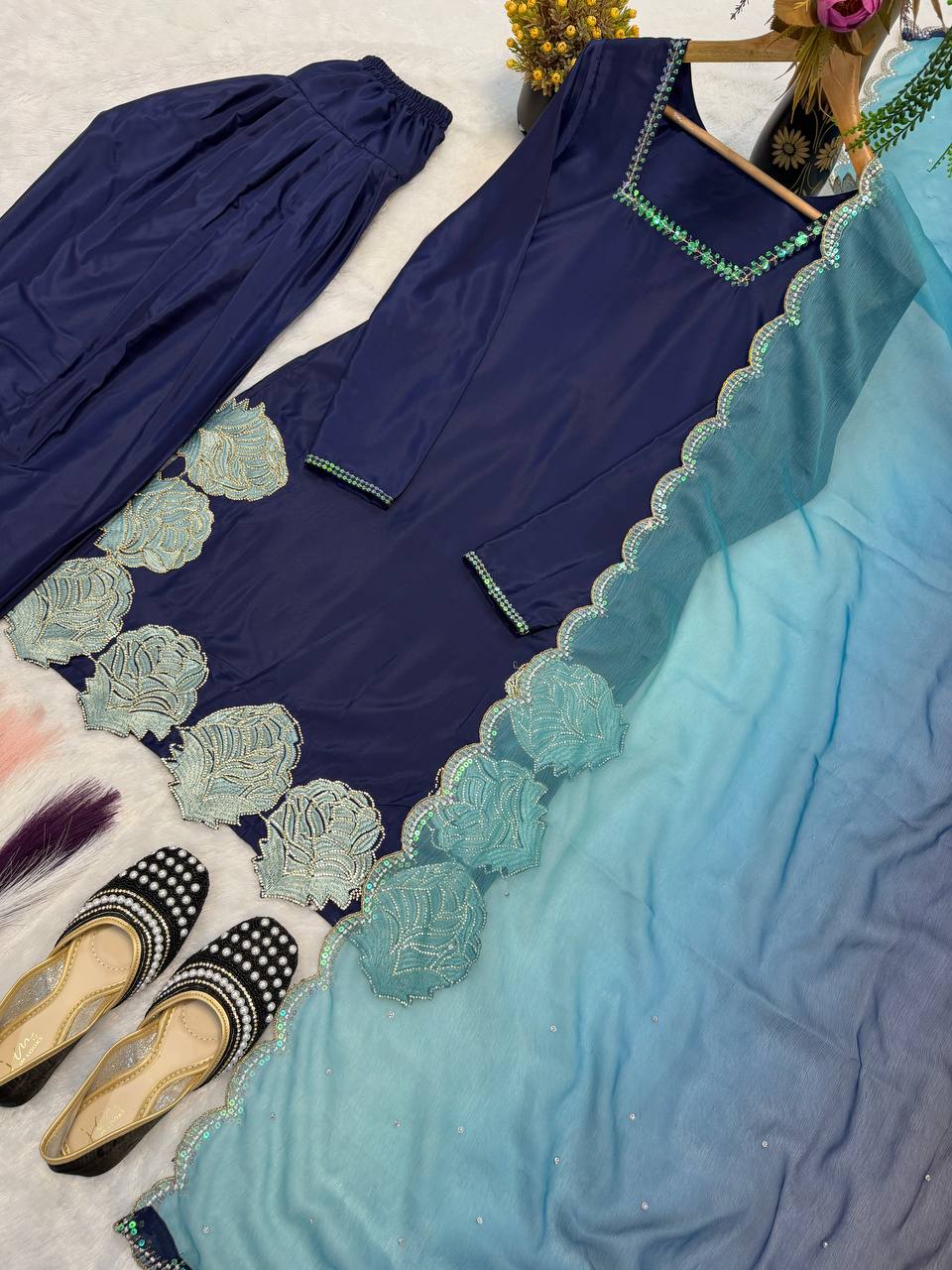 Elegant Royal Blue Traditional Kurta Farshi Salwar with Dupatta for Women