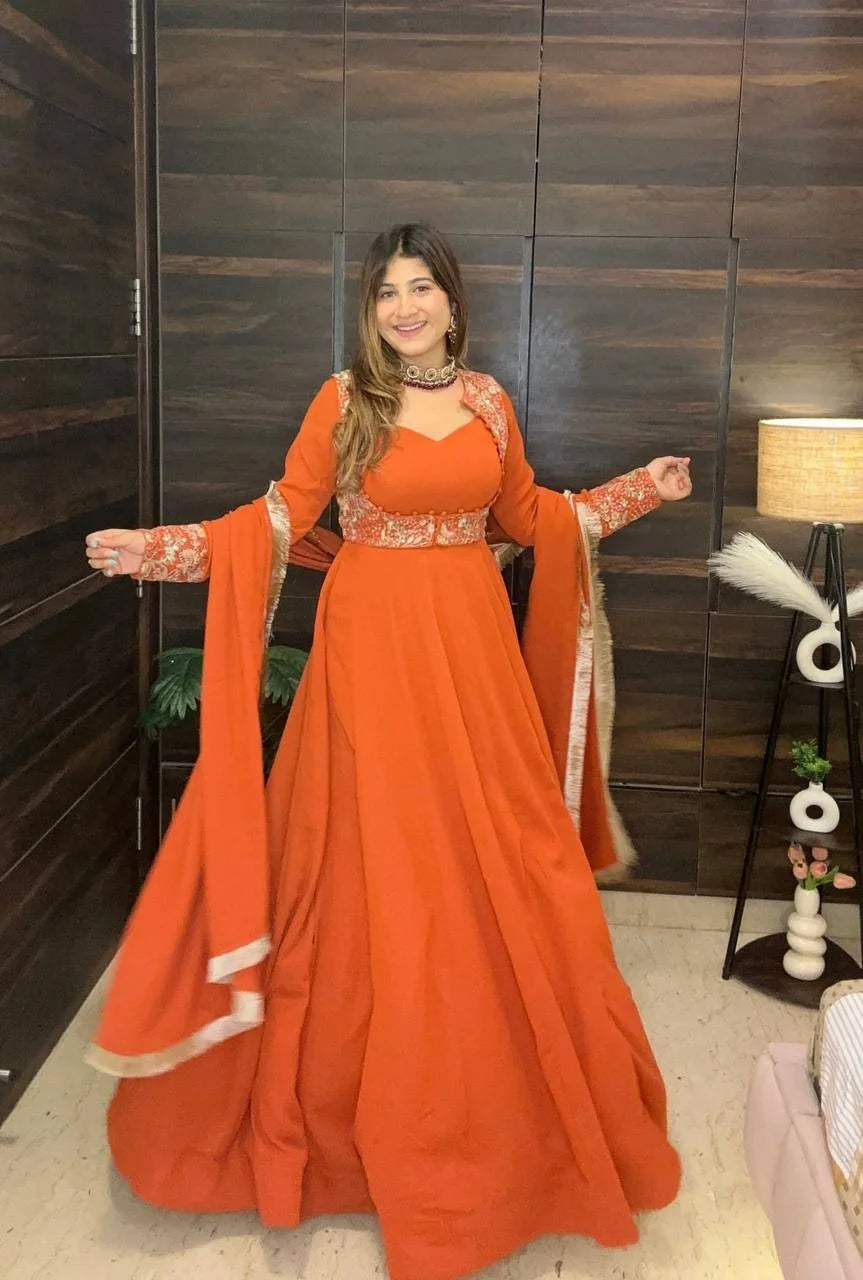 Maxi Anarkali Suit Set with Embroidered Koti , Pant & Dupatta