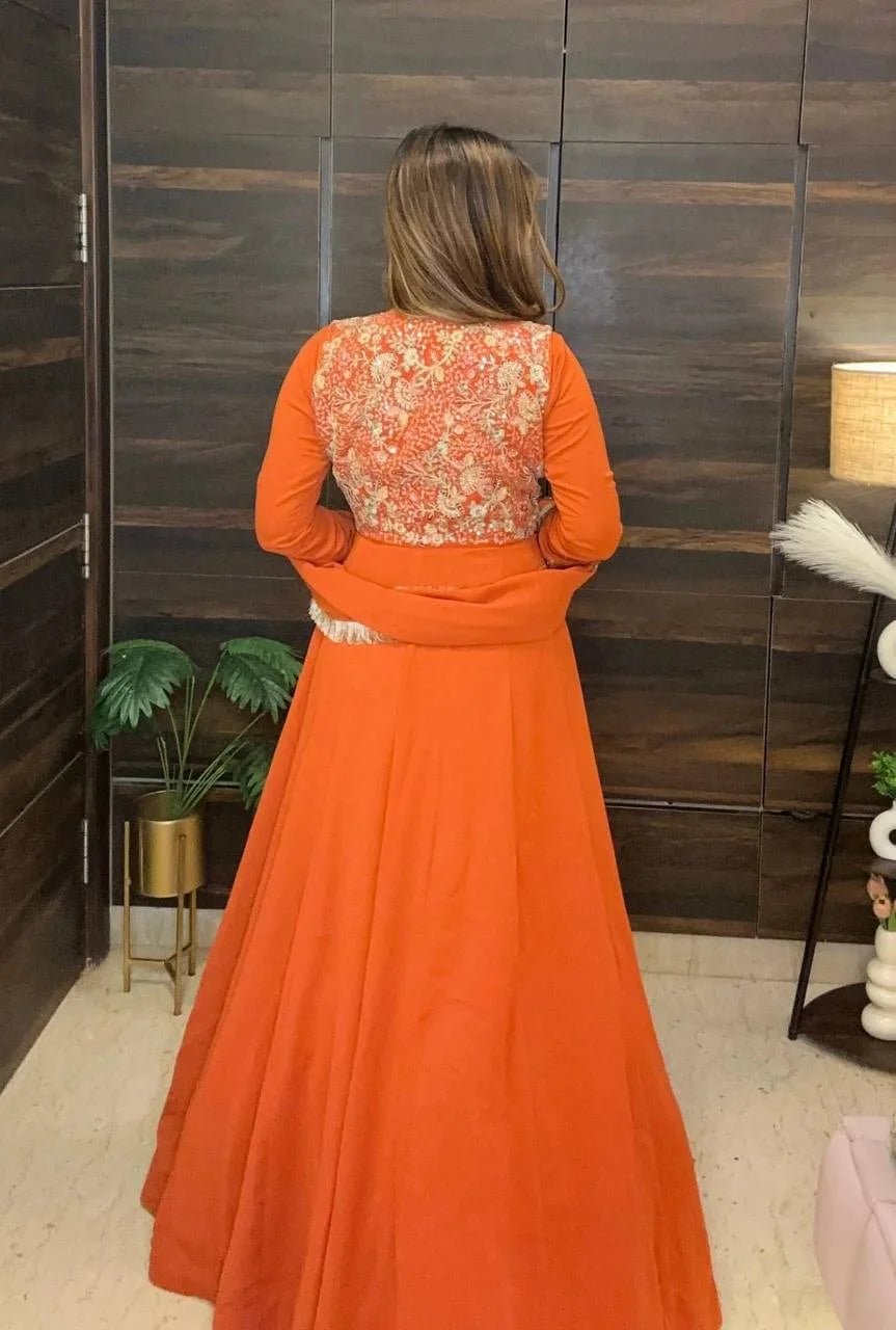 Maxi Anarkali Suit Set with Embroidered Koti , Pant & Dupatta