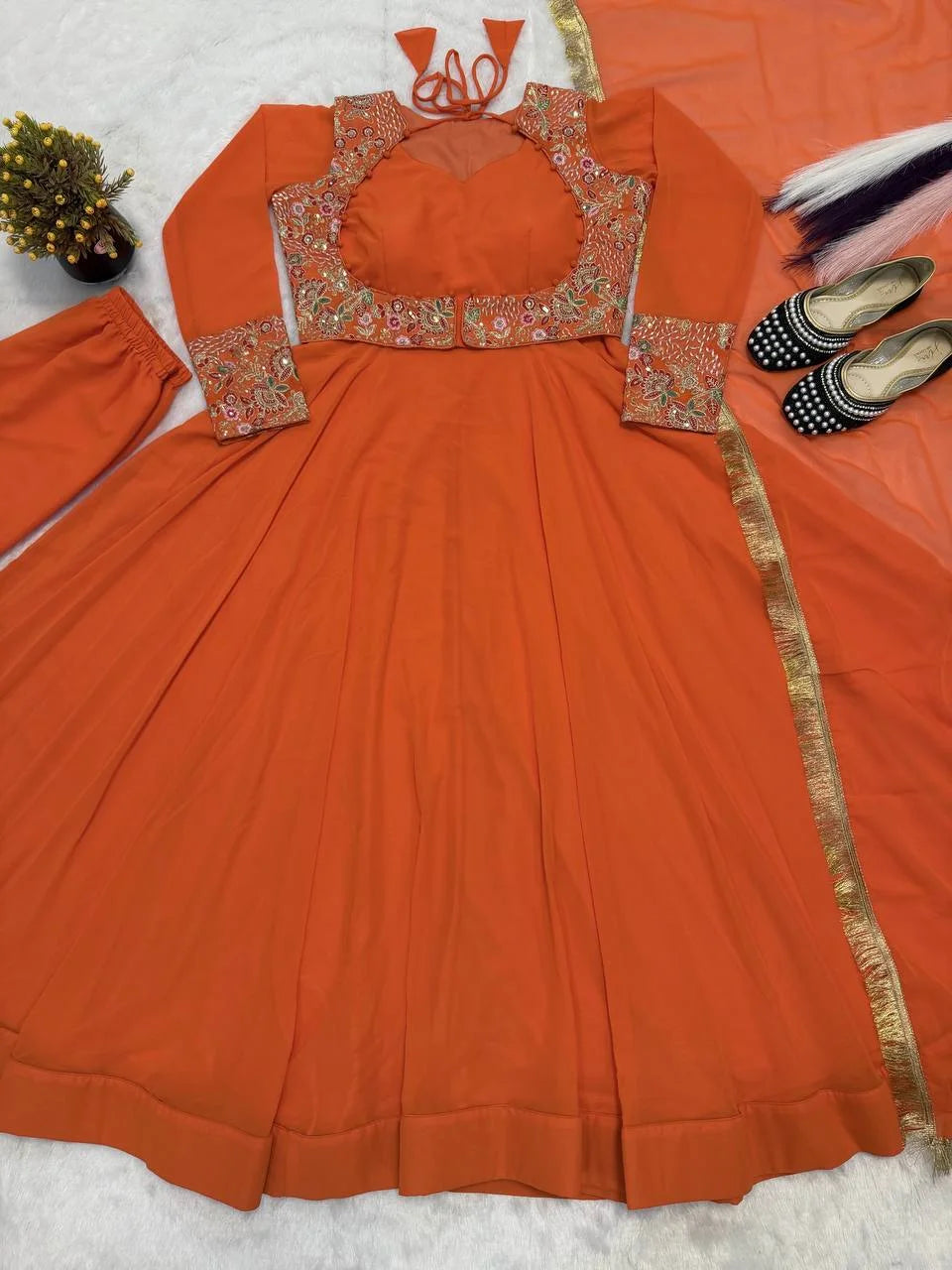 Maxi Anarkali Suit Set with Embroidered Koti , Pant & Dupatta