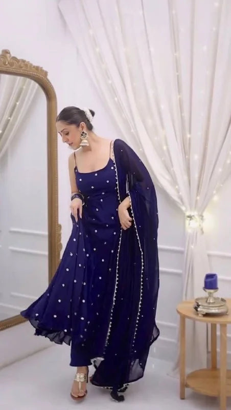 Elegant Fendy Silk Thread & Sequence Work Top Pant Dupatta Set