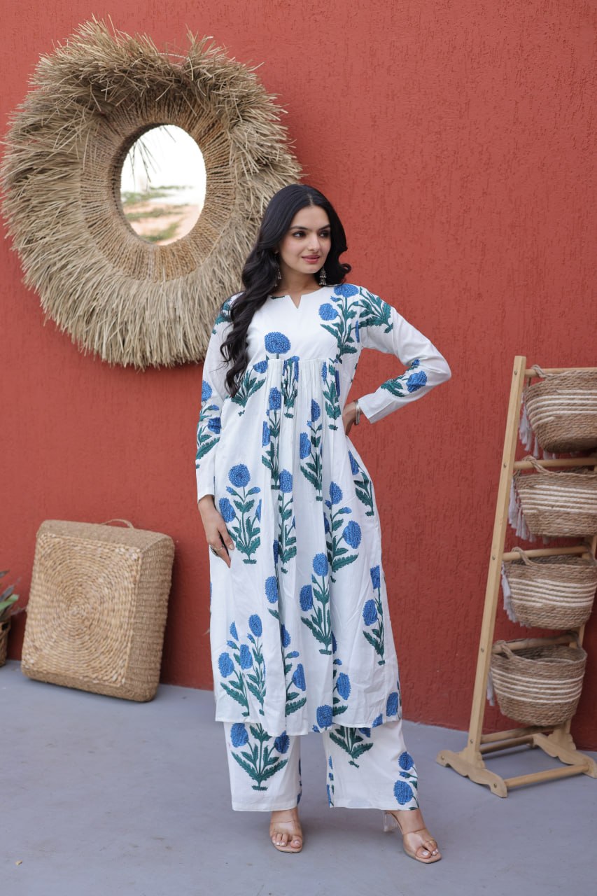 White & Blue Floral Printed Kurta Set – Effortless Everyday Elegance
