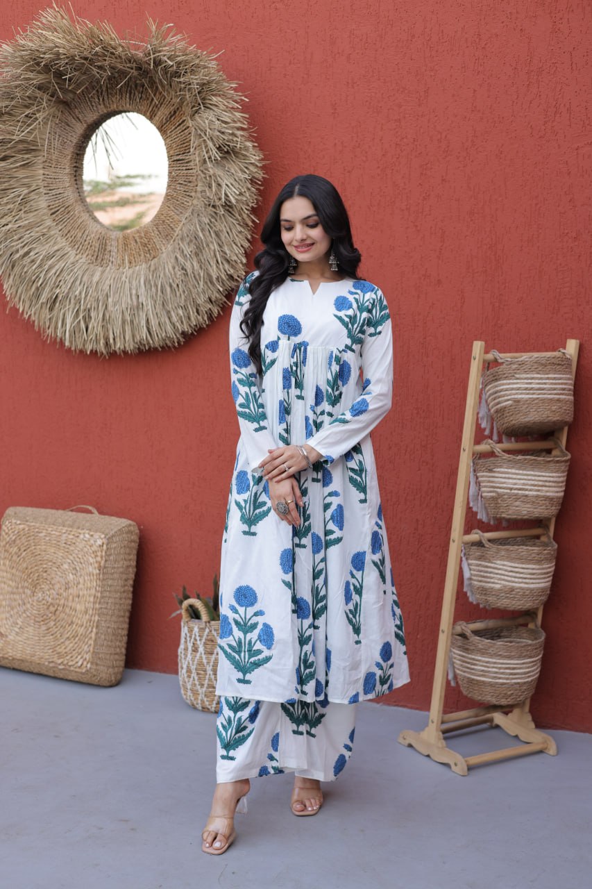 White & Blue Floral Printed Kurta Set – Effortless Everyday Elegance