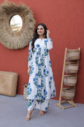White & Blue Floral Printed Kurta Set – Effortless Everyday Elegance