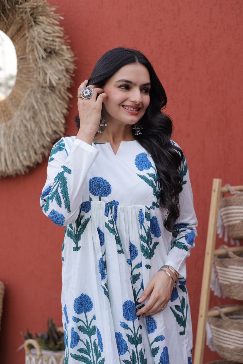 White & Blue Floral Printed Kurta Set – Effortless Everyday Elegance