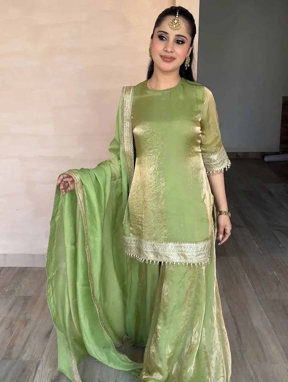 Designer Olive Green Kurta Palazzo Suit with Mirror Work for Eid Festive