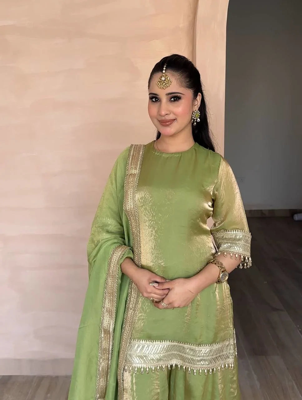 Designer Olive Green Kurta Palazzo Suit with Mirror Work for Eid Festive