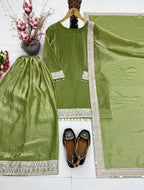 Designer Olive Green Kurta Palazzo Suit with Mirror Work for Eid Festive