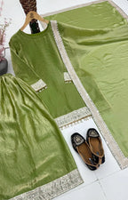 Designer Olive Green Kurta Palazzo Suit with Mirror Work for Eid Festive