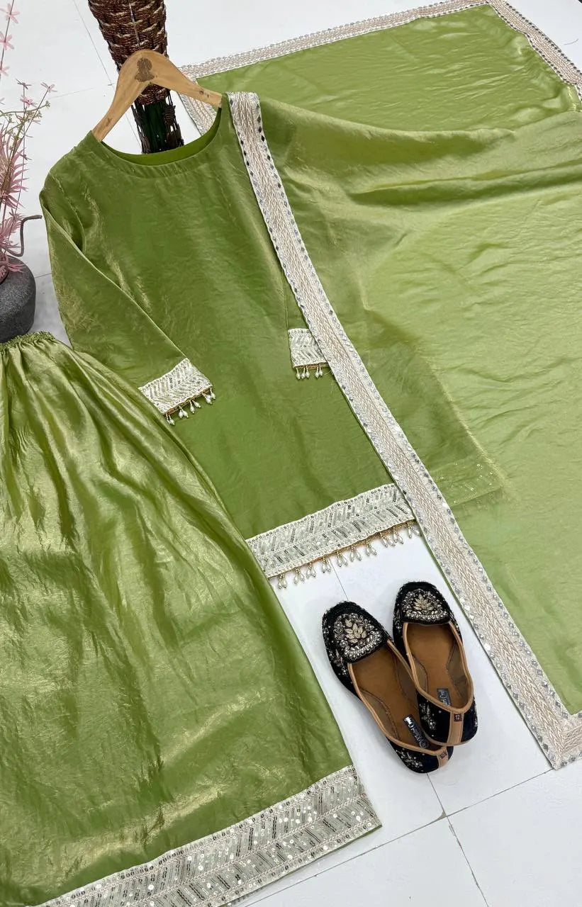 Designer Olive Green Kurta Palazzo Suit with Mirror Work for Eid Festive