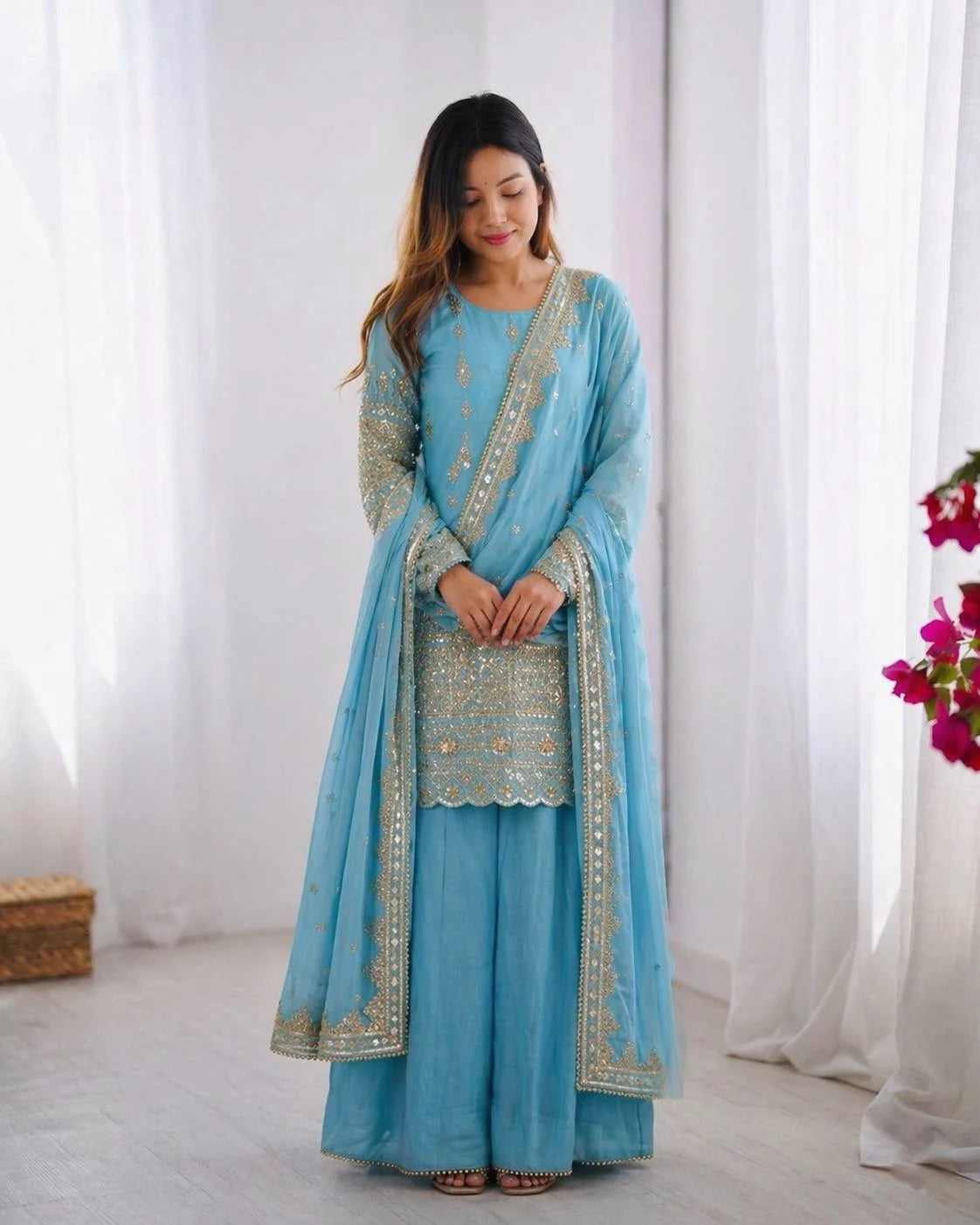 Wedding & Eid Special Sky Blue Kurta Palazzo with Embroidered Dupatta