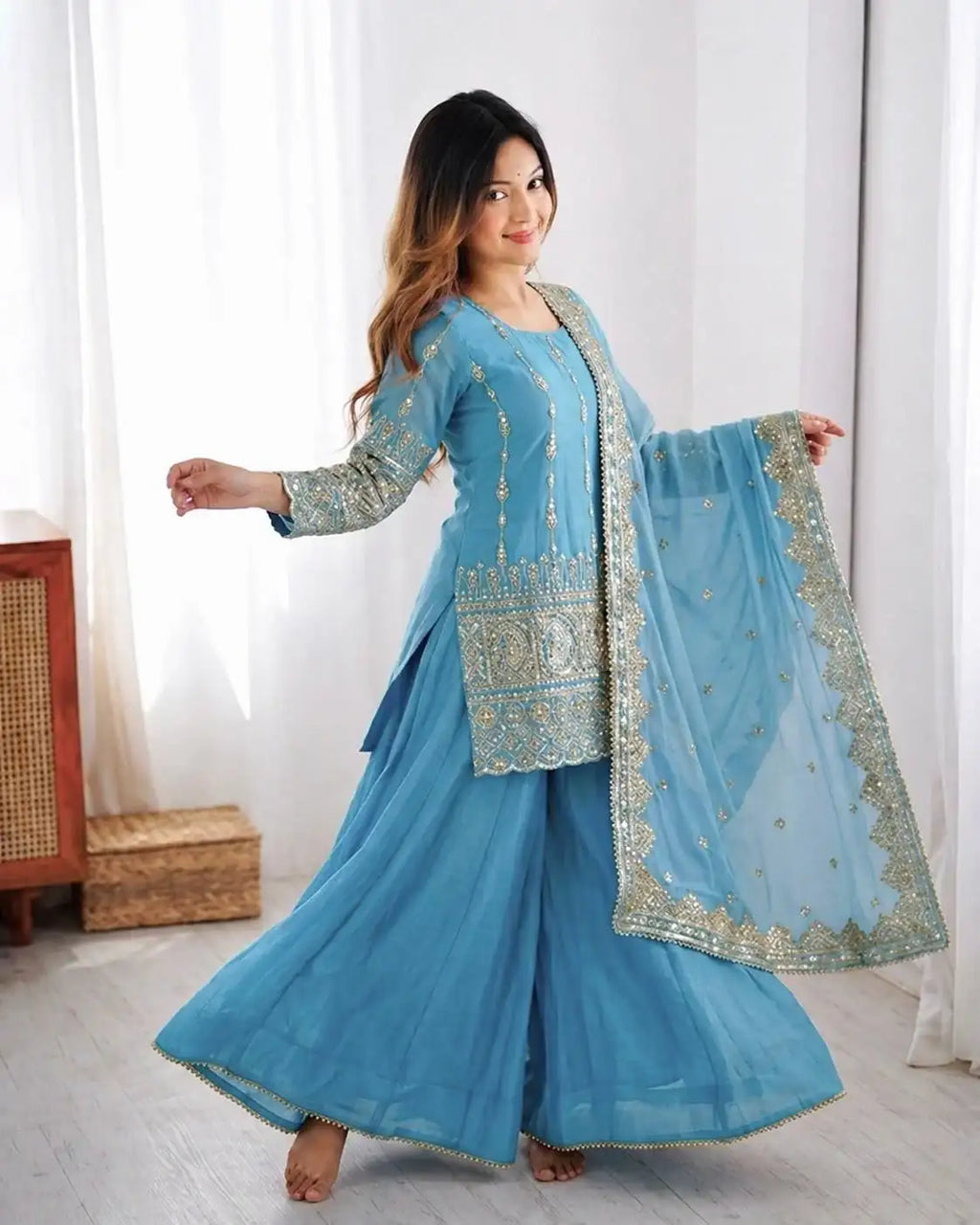 Wedding & Eid Special Sky Blue Kurta Palazzo with Embroidered Dupatta