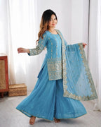 Wedding & Eid Special Sky Blue Kurta Palazzo with Embroidered Dupatta