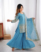 Wedding & Eid Special Sky Blue Kurta Palazzo with Embroidered Dupatta