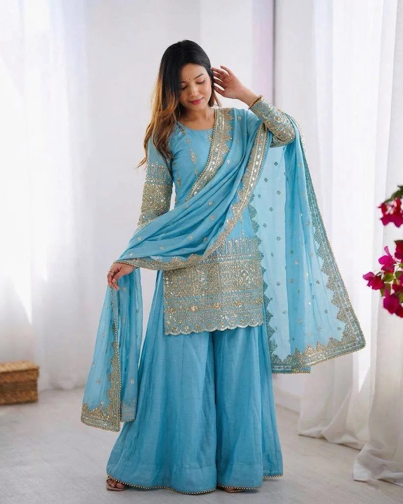 Wedding & Eid Special Sky Blue Kurta Palazzo with Embroidered Dupatta