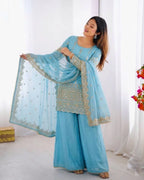 Wedding & Eid Special Sky Blue Kurta Palazzo with Embroidered Dupatta