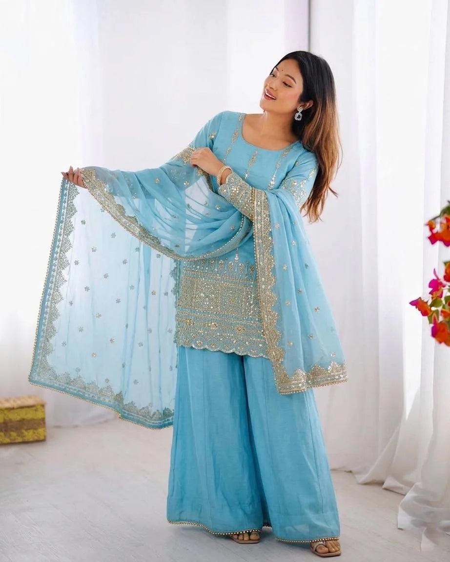 Wedding & Eid Special Sky Blue Kurta Palazzo with Embroidered Dupatta
