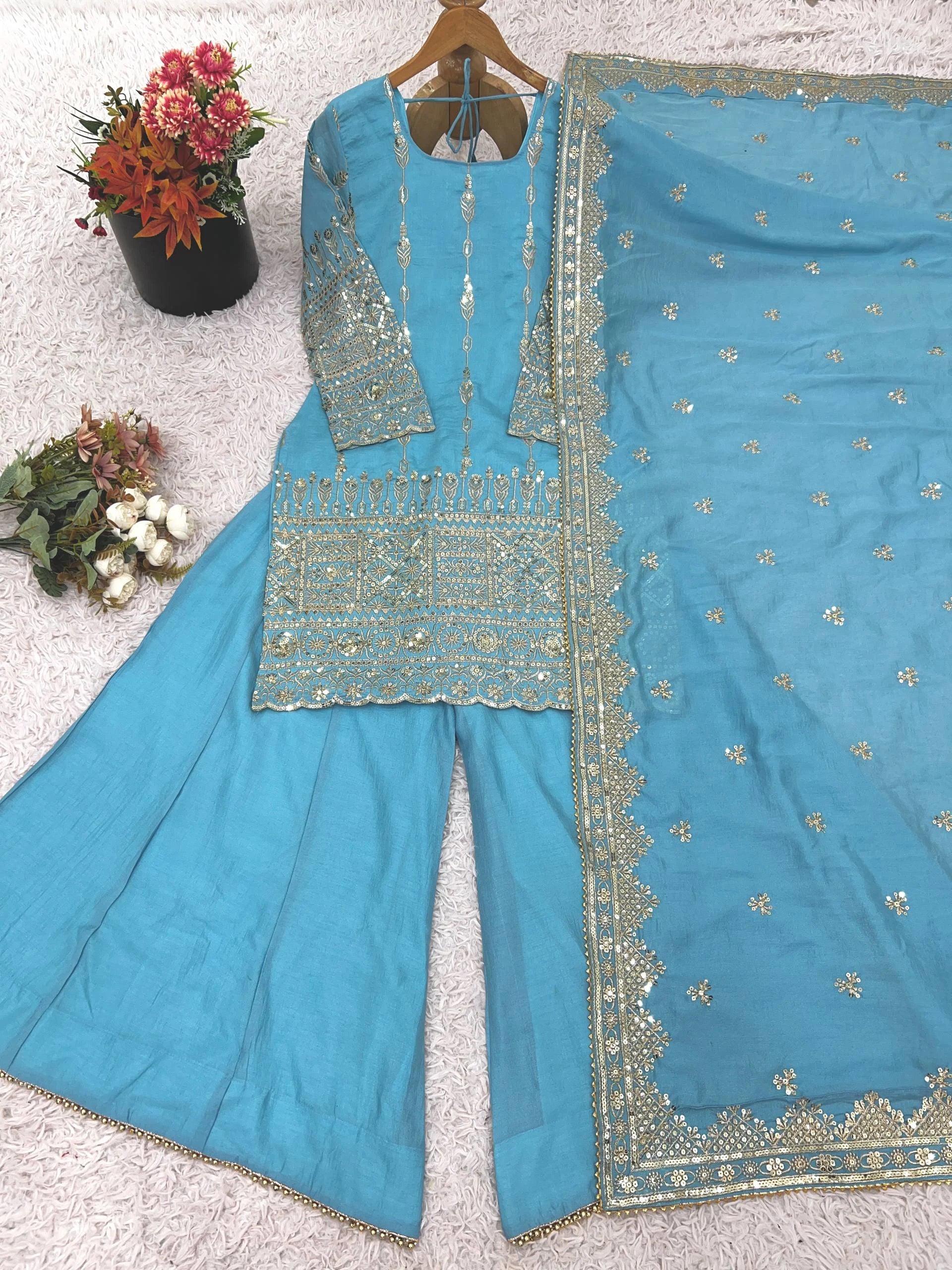 Wedding & Eid Special Sky Blue Kurta Palazzo with Embroidered Dupatta