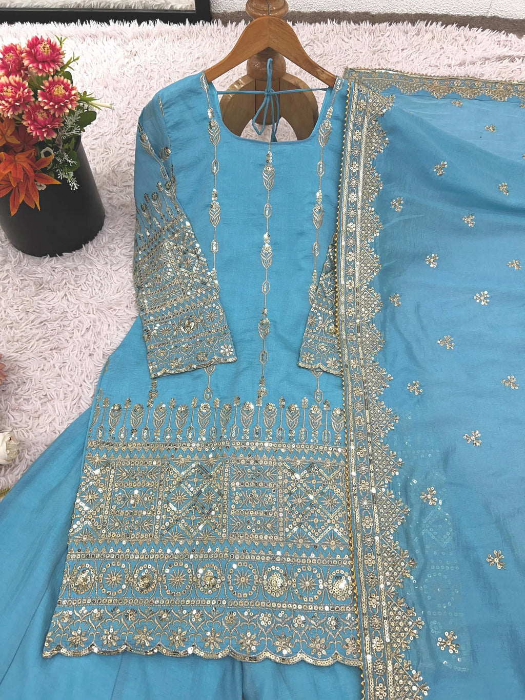 Wedding & Eid Special Sky Blue Kurta Palazzo with Embroidered Dupatta