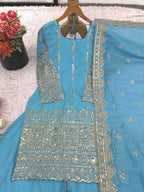 Wedding & Eid Special Sky Blue Kurta Palazzo with Embroidered Dupatta