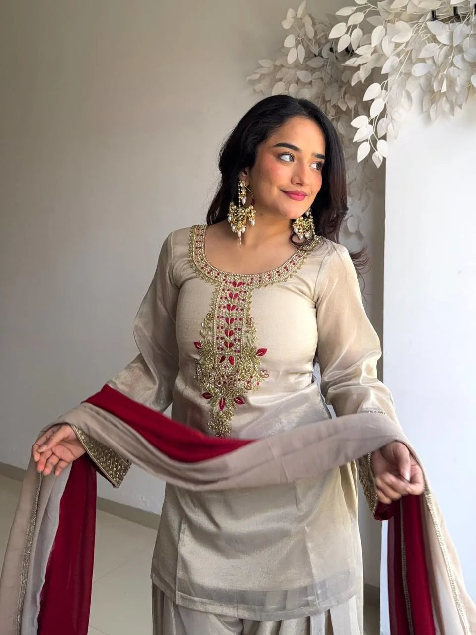 Designer Thread Work Organza Kurti & Farshi Pant Set â€“ Elegant Eid Wear