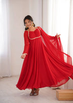 Designer Full Sleeve Flared Gown with Fancy Lace Dupatta