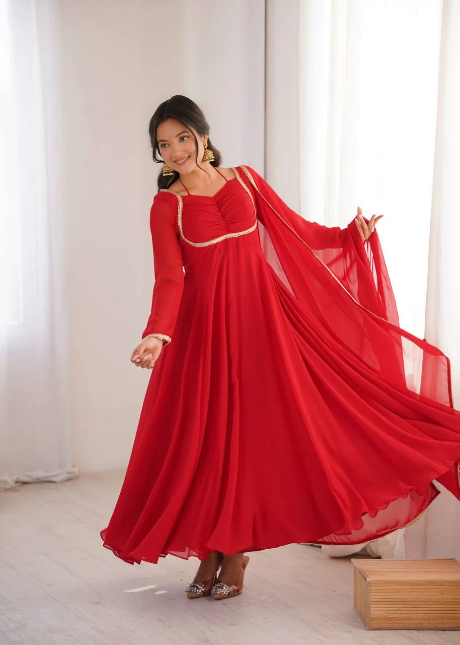 Designer Full Sleeve Flared Gown with Fancy Lace Dupatta