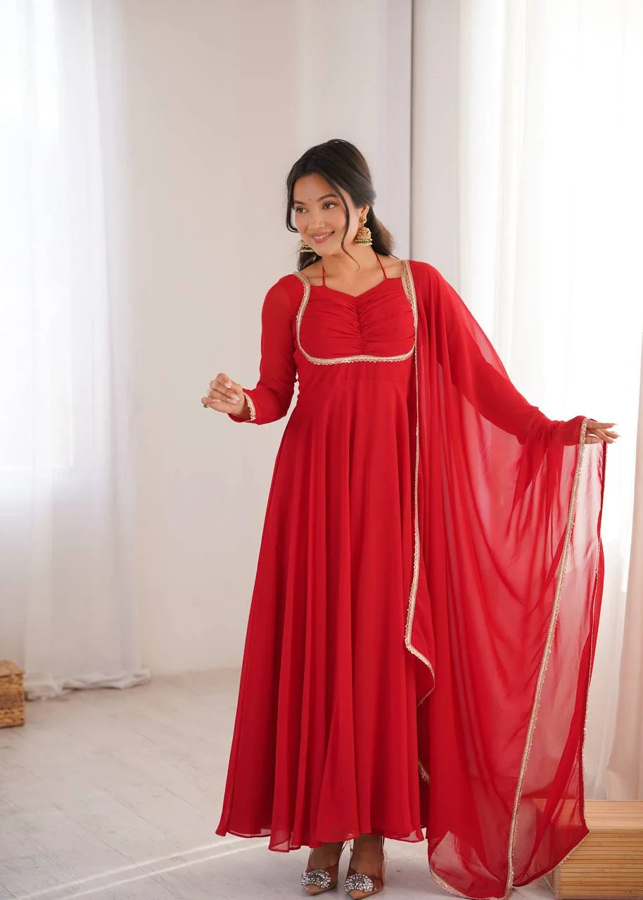 Designer Full Sleeve Flared Gown with Fancy Lace Dupatta