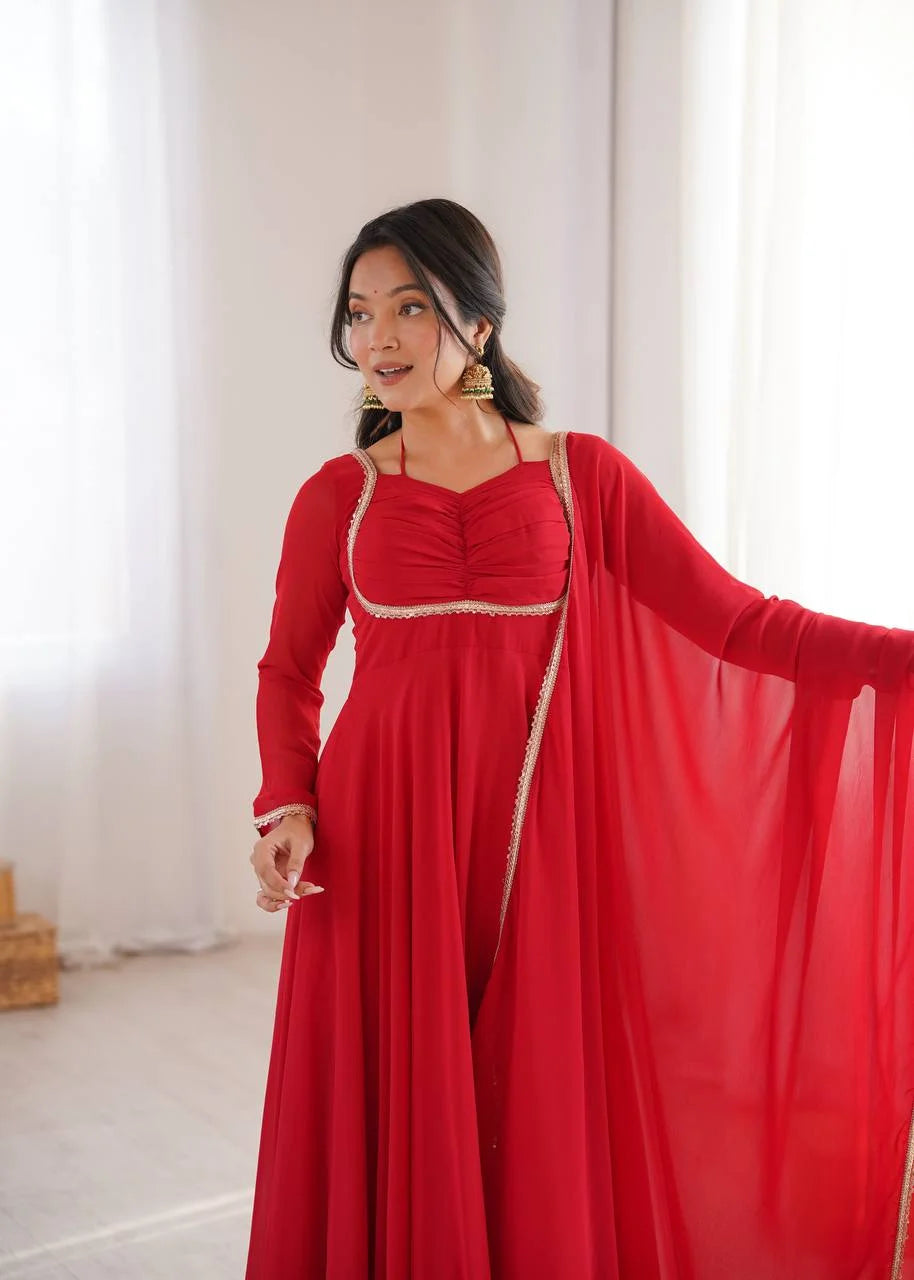 Designer Full Sleeve Flared Gown with Fancy Lace Dupatta