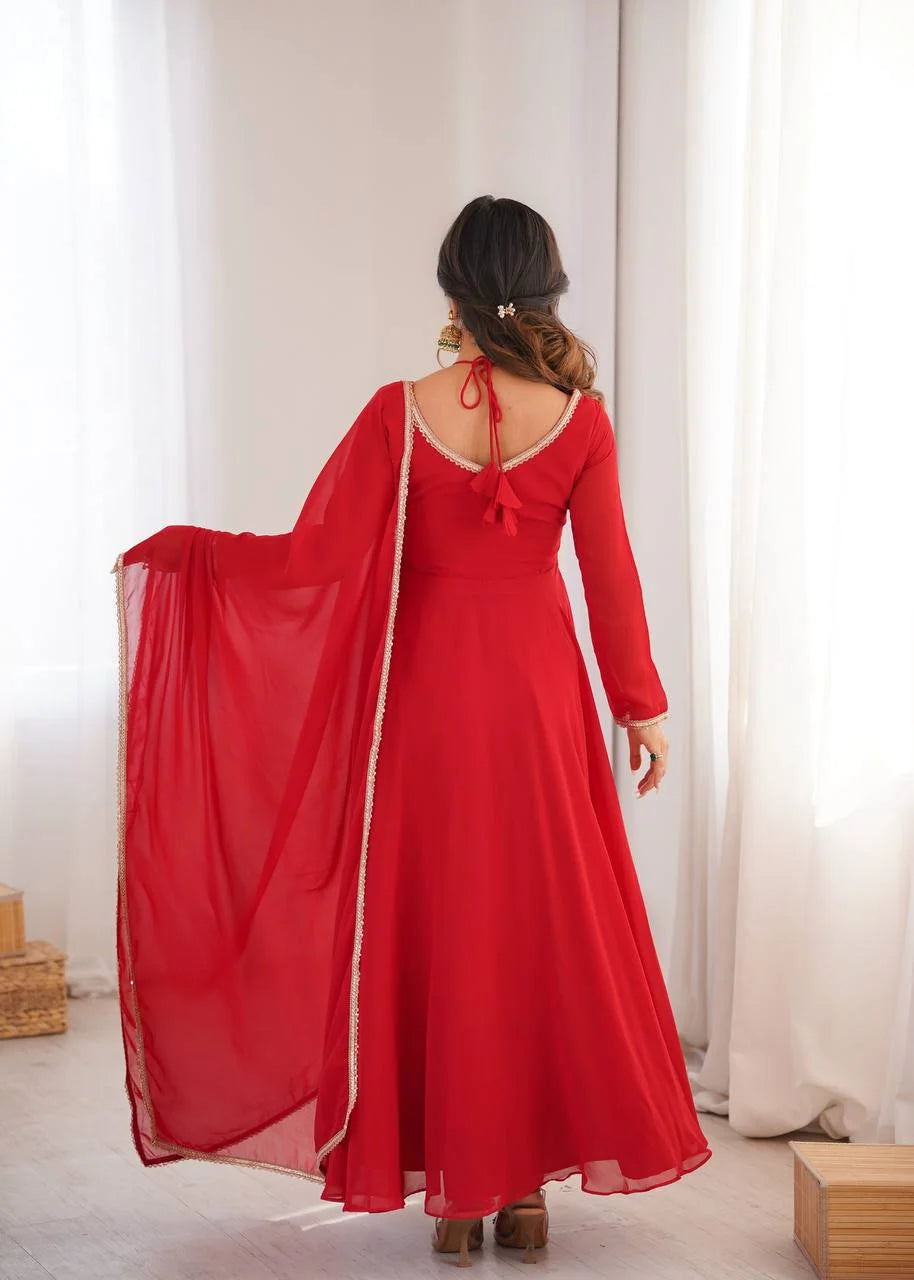 Designer Full Sleeve Flared Gown with Fancy Lace Dupatta