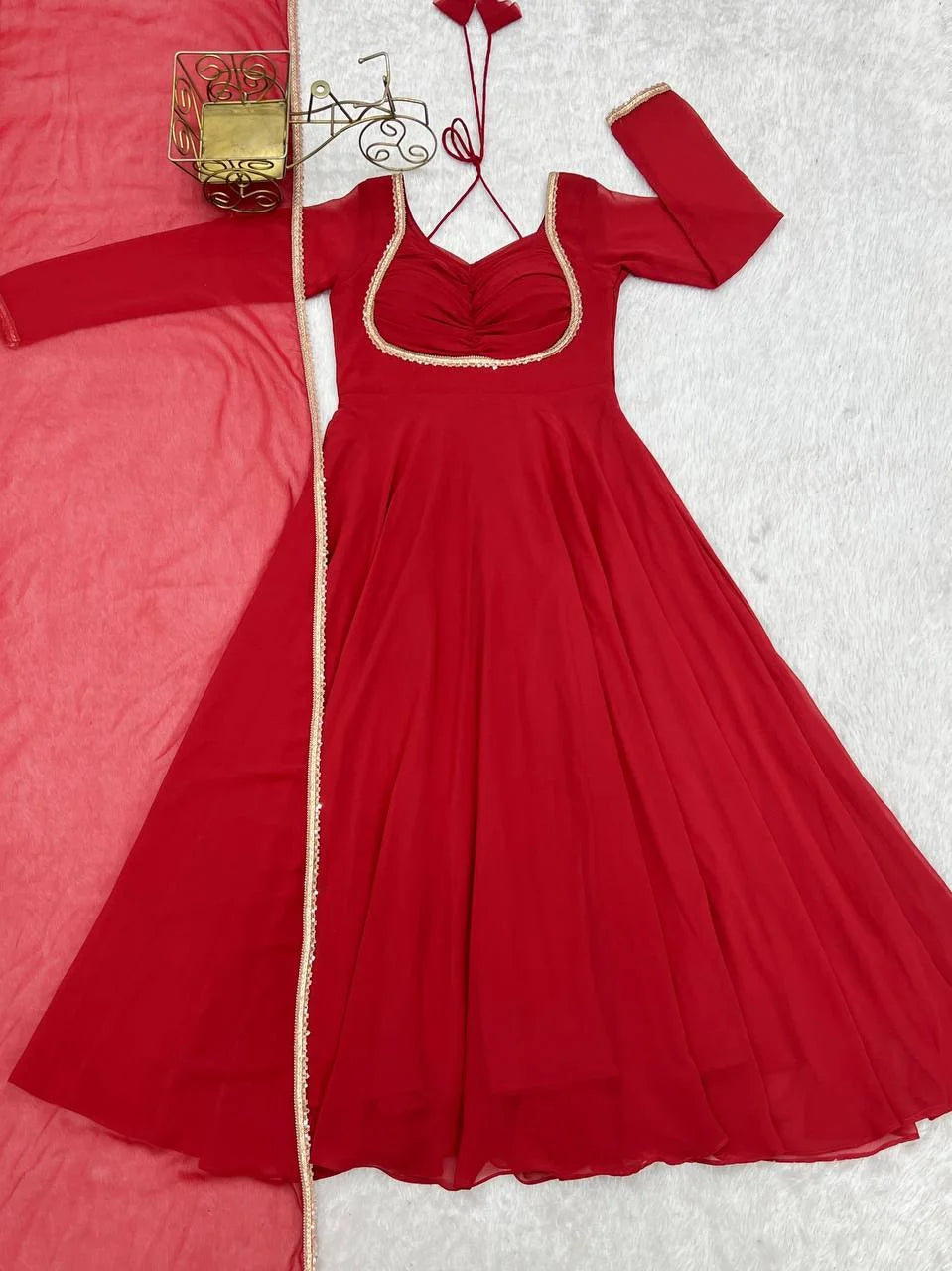 Designer Full Sleeve Flared Gown with Fancy Lace Dupatta