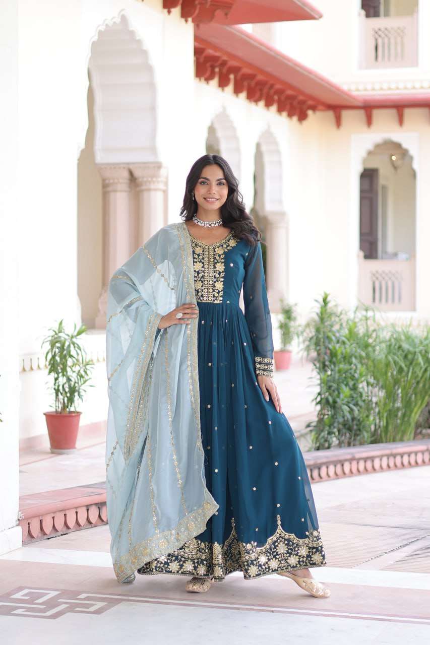 Elegant Long Gown With Russian Silk Dupatta : Perfect for Festive Evenings