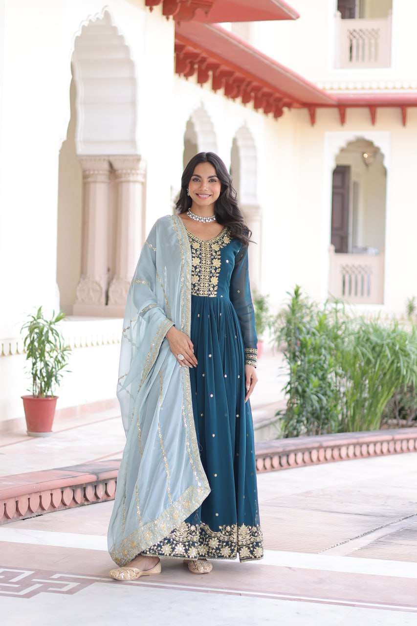Elegant Long Gown With Russian Silk Dupatta : Perfect for Festive Evenings
