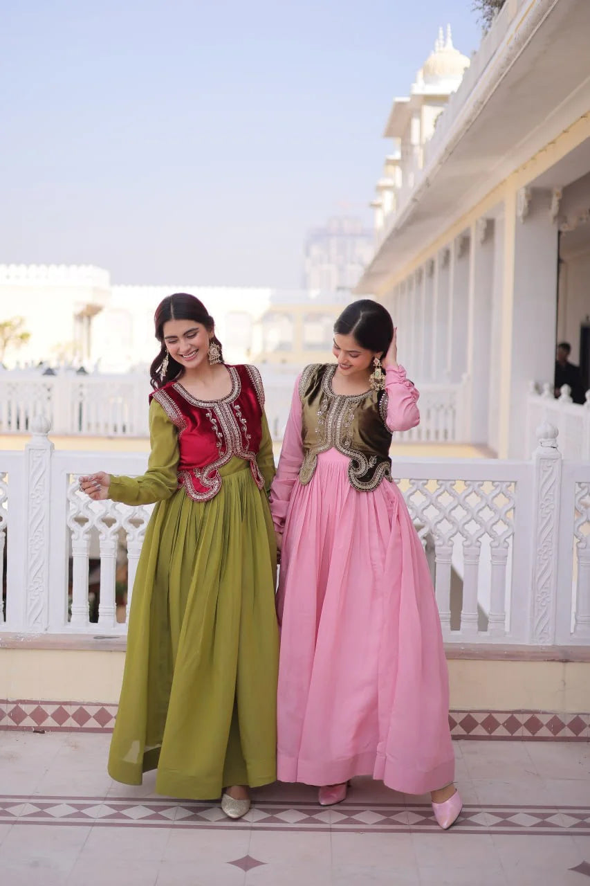 Designer Round Neck Gown With Embroidered Koti : A Perfect Festive Duo