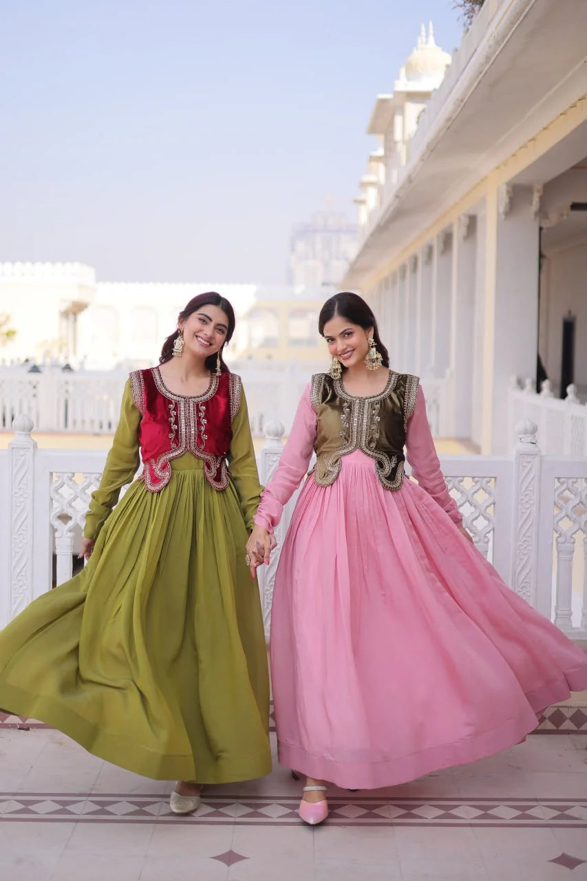 Designer Round Neck Gown With Embroidered Koti : A Perfect Festive Duo