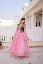 Designer Round Neck Gown With Embroidered Koti : A Perfect Festive Duo