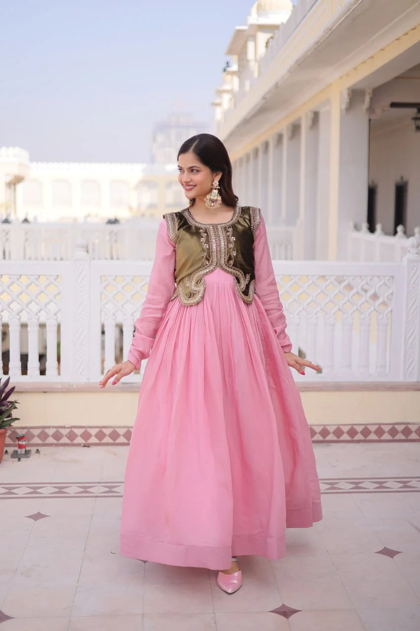 Designer Round Neck Gown With Embroidered Koti : A Perfect Festive Duo