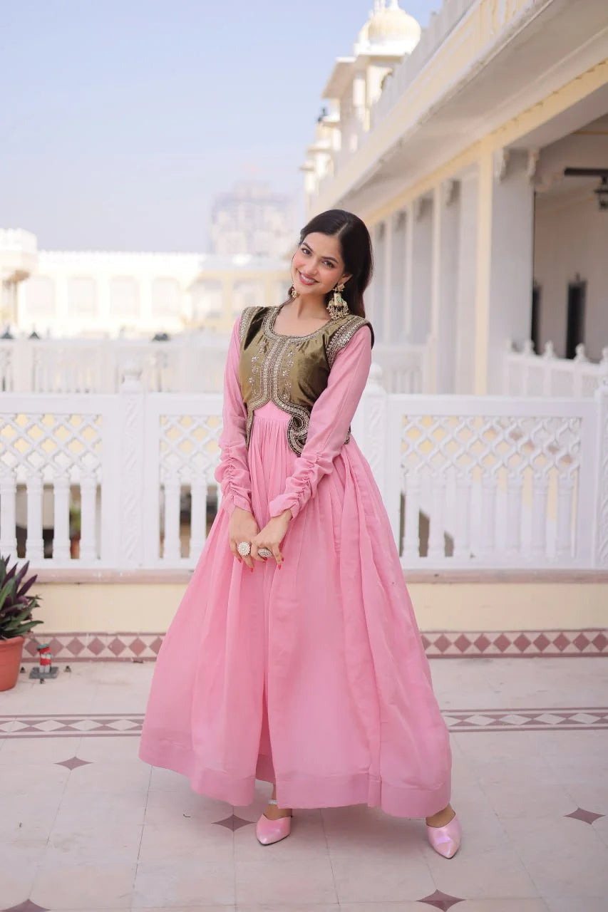 Designer Round Neck Gown With Embroidered Koti : A Perfect Festive Duo
