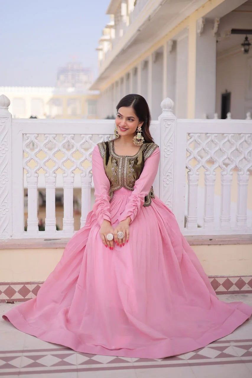 Designer Round Neck Gown With Embroidered Koti : A Perfect Festive Duo