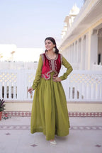 Designer Round Neck Gown With Embroidered Koti : A Perfect Festive Duo