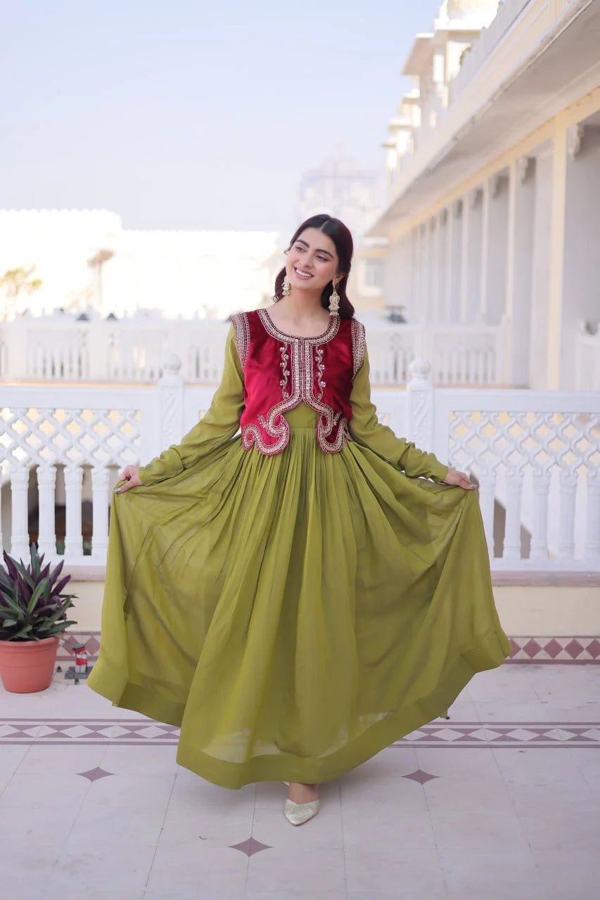 Designer Round Neck Gown With Embroidered Koti : A Perfect Festive Duo