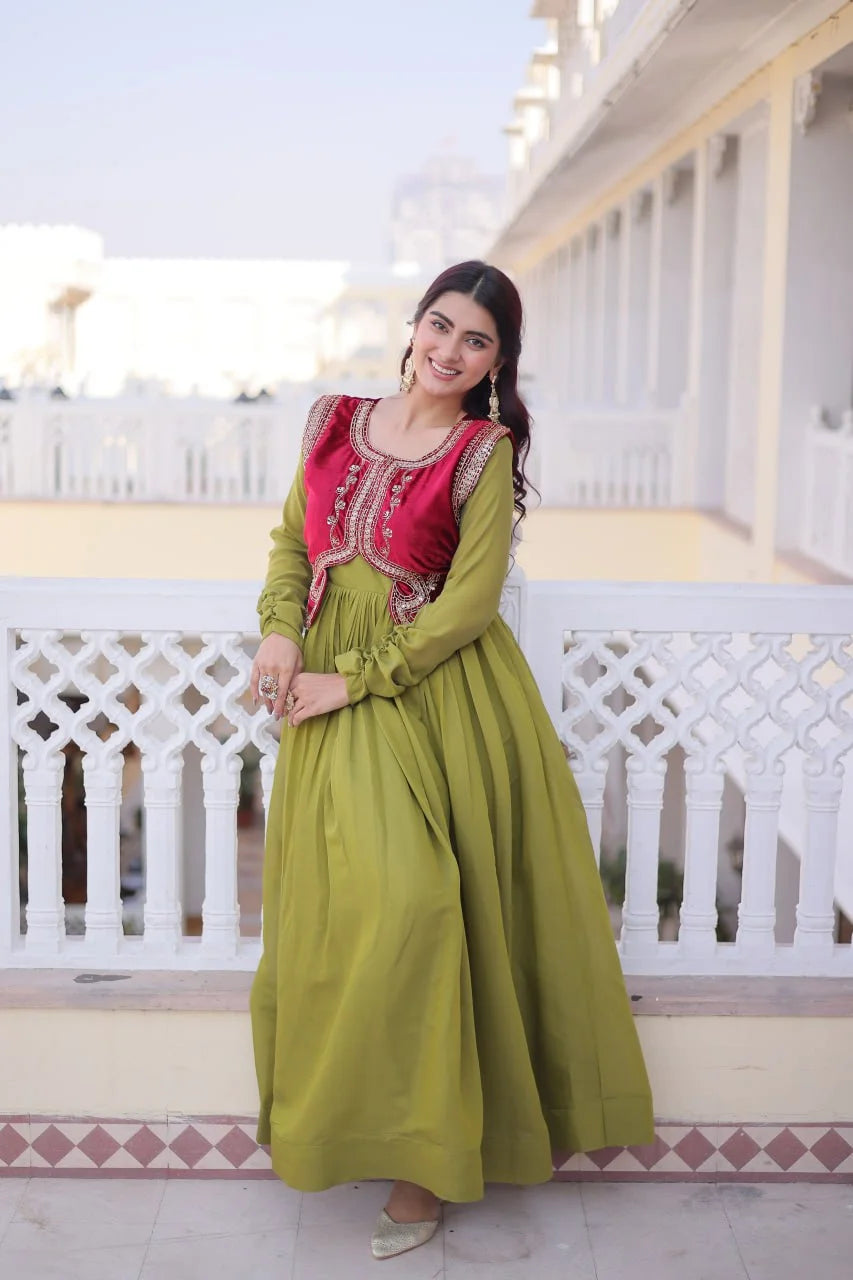 Designer Round Neck Gown With Embroidered Koti : A Perfect Festive Duo