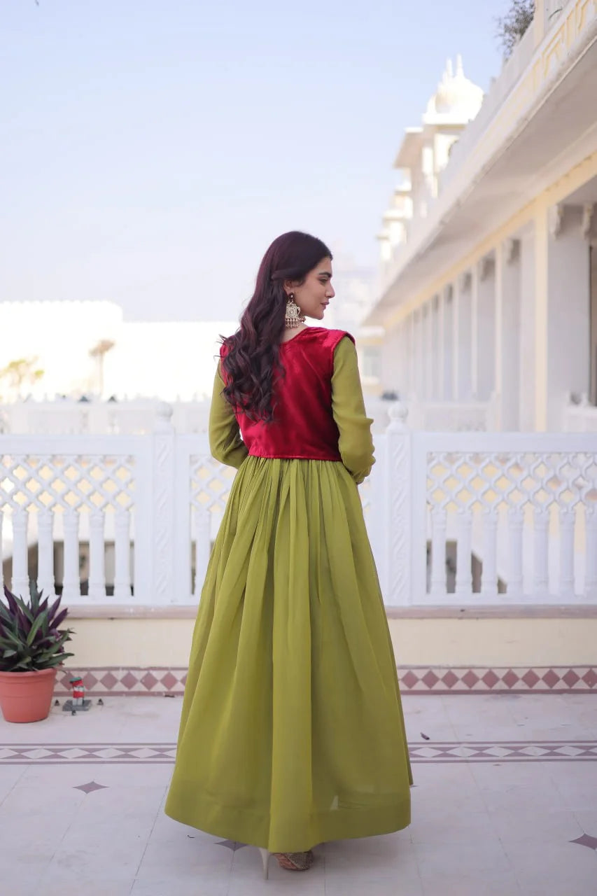 Designer Round Neck Gown With Embroidered Koti : A Perfect Festive Duo